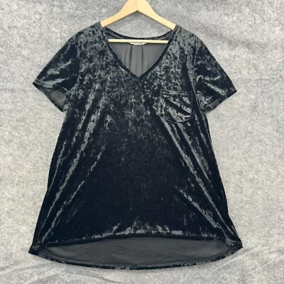 Spring + Mercer Top Womens XL Black Crushed Velvet V Neck Legging Tee Pocket - Image 1 of 4