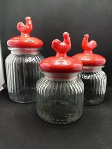 Country Farmhouse Glass Storage Jars (3) w/ Ceramic Red Rooster Lids - Picture 1 of 6