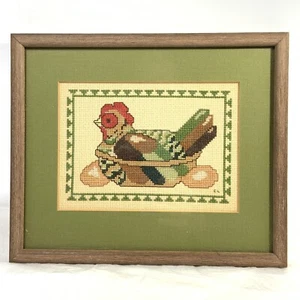 VTG Handcrafted Finished Cross Stitch Picture Chicken Nesting Eggs Framed - Picture 1 of 8