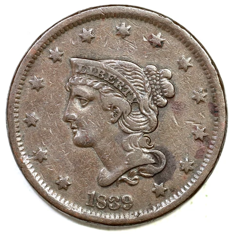 1839 N-8 R-1 Head of 40 Braided Hair Large Cent Coin 1c Cover