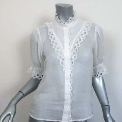 Blusa MARCO Bordada Cuello Alto Top Blanco Ramie Talla Extra Pequeña Manga Corta Foto 1 de 4