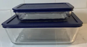 Pyrex 7212 & 7210 Clear Glass Food Storage Dish w/Retro Lines W/ New Lids - Picture 1 of 8