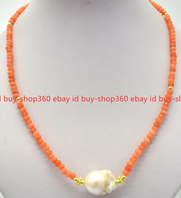 Collar de perlas barrocas blancas facetadas de 2x4 mm con cuentas de piedras preciosas de topacio naranja de 20" Foto 1 de 4