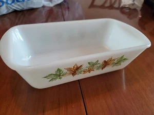 Glasbake Loaf Pan J-522 Milk Glass White Leaf Pattern Green Brown_ - Picture 1 of 3
