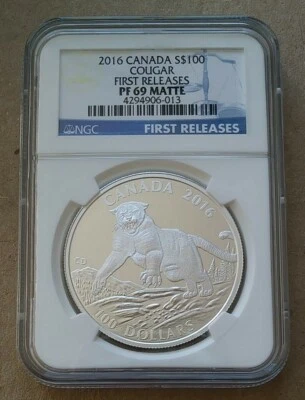 2016 Canada SILVER $100 Cougar FIRST RELEASES LABEL NGC PF 69 Matte - Image 1 of 4