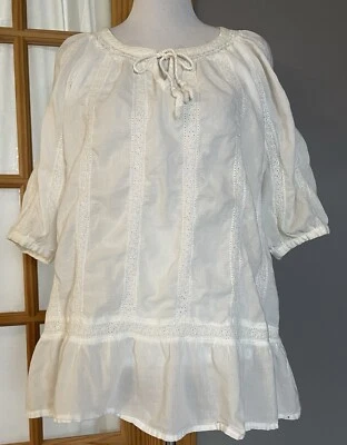 H&M Women’s Peplum Blouse 4 White Organic Cotton Floral Embroidery Country Boho - Image 1 of 4