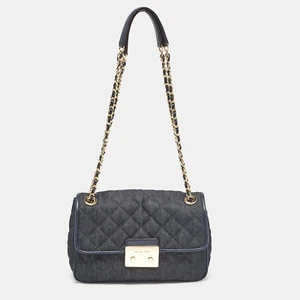 Michael Kors Navy Blue Quilted Denim and Leather Sloan Shoulder Bag - Picture 1 of 10