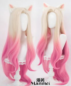 LOL KDA The Baddest Ahri Cosplay Wig Pink Mixed Blonde Gradient Hair + Ears