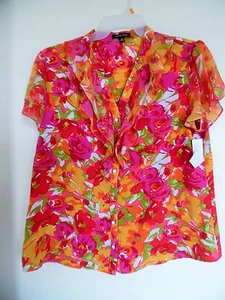 WOMEN'S NOTATIONS SHORT SLEEVE FLORAL RUFFLE TOP SHIRTS BLOUSE SZ S M   NEW - Picture 1 of 3