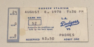 8/8/78 Dodgers Ticket Stub Ozzie Smith Rookie Sutton Win #202 Garvey HR #125 126 - Image 1 of 2