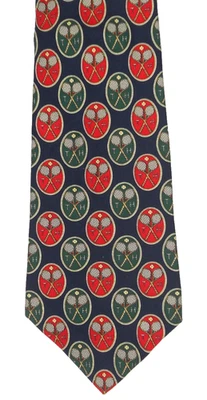 Tommy Hilfiger Tennis Theme Tie 100% Italian Silk Made In USA Green, Red on Blue - Image 1 of 4