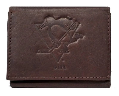 Pittsburgh Penguins - Distressed Look Embossed Dark Brown Leather Trifold Wallet - Image 1 of 4