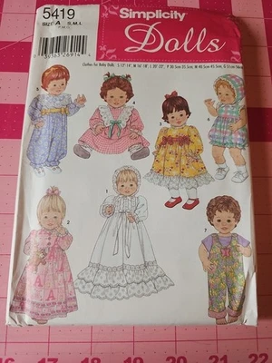 Simplicity Pattern 5419 Baby Dolls Clothes S 12"-14" M 16"-18" L 20"-22" UNCUT - Image 1 of 2
