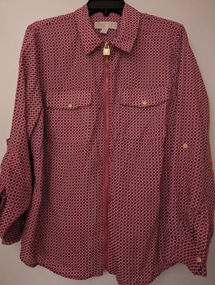 NWT Michael Kors Geometric Pink/Garnet Geometric Print Zip-Up Front Blouse 1X - Image 1 of 4