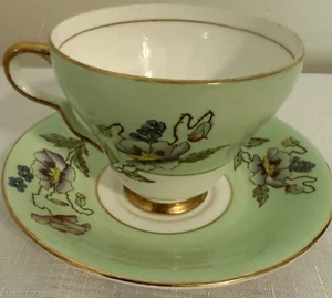 VINTAGE TAYLOR & KENT TEA CUP & SAUCER FLORAL MINT GREEN GOLD TRIM ENGLAND - Picture 1 of 8