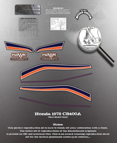 HONDA 1978 CB400 CB400A HAWK TANK SIDE COVER DECAL KIT BLUE MODEL - Image 1 of 1