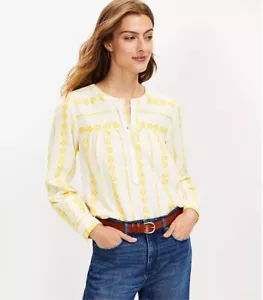 Loft White Yellow Embroidered Striped Henley Popover Blouse Size Large NWT - Picture 1 of 7