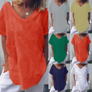 Plus Size Womens V Neck T Shirt Blouse Ladies Summer Short Sleeve Tunic Tops Tee - Picture 1 of 25