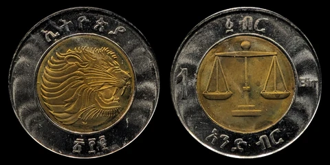2010 Ethiopia 1 Birr Coin, Roaring Abyssinian lion, Weighing Scales Cover