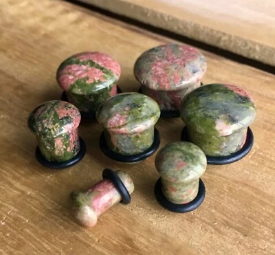 PAIR Single Flare Unakite Stone Plugs Gauges Earlets Body Jewelry - Image 1 of 4