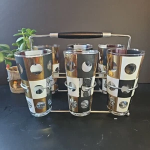 Vintage MCM Black Gold Square Circle High Ball Glasses - Hazel Atlas? - Picture 1 of 9