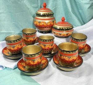 Russian Khokhloma Hand Painted Wooden Tea Set, 6 Cups w/ 2 bowls & lids, 1980's - Picture 1 of 8