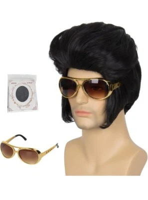 Peruca rocker homem óculos curto cabelo preto masculino costeletas fantasia palco canto ato - Imagem 1 de 4