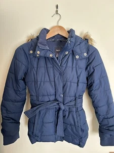 GAP KIDS Navy Girls Puffer Jacket Coat Removable Faux Fur Hood  Belted Size XL - Picture 1 of 6