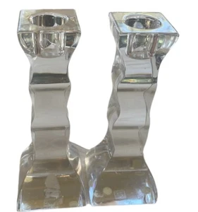 Pair of 2 Orrefors Sweden Signed 6” Crystal Candlestick Holders Modern Germany - Picture 1 of 10
