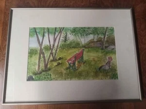 Original Watercolor “Red Bench” – Framed Artwork by Beverley Richardson - Picture 1 of 2