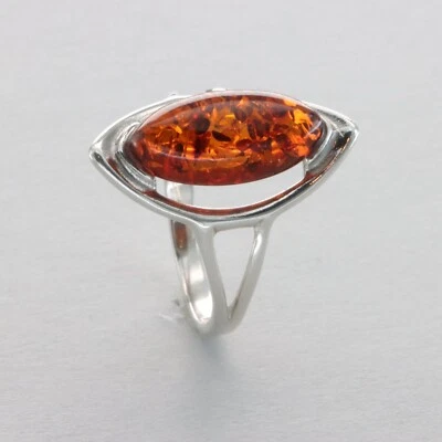 Anillo Ovalado Coñac/Marrón Ámbar Báltico - PLATA ESTERLINA 925 - Polonia #54e Foto 1 de 4