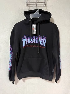 Felpa con cappuccio pullover Thrasher Magazine nero blu fiamma bambino XL *nuova con etichette - Foto 1 di 7