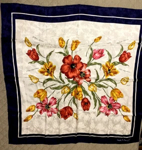 Sciarpa jacquard seta Nicole de Beavior Paris grande 34X34 tulipani primaverili - Foto 1 di 6