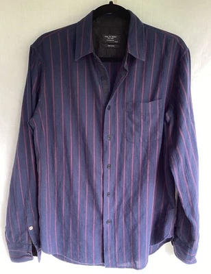 RAG AND BONE Navy Blue Red Striped Cotton Men’s Shirt Size M - Image 1 of 4