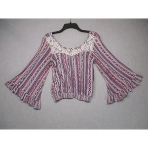 About A Girl Ivory Crochet Lace Bell Sleeve Striped Bohemian Blouse Women Size M - Picture 1 of 10