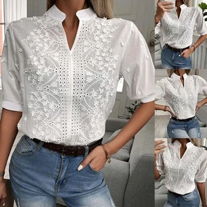 Romantic Floral Embroidered Lace Blouse Women's V Neck Short Sleeve Shirt - Picture 1 of 27