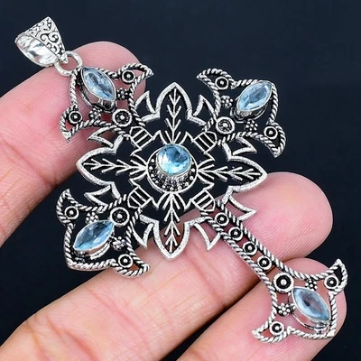 Кулон ручной работы из серебра 925 пробы с голубым топазом Swiss 3,15 дюйма - Изображение 1 из 3