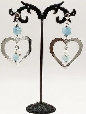 Orecchini donna lobo pendenti cuore argento 925 perla, acquamarina? - Immagine 1 di 4