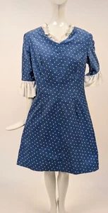 VINTAGE 1970’S STAR PATTERNED BLUE CORDUROY DRESS W RUFFLES - Picture 1 of 5