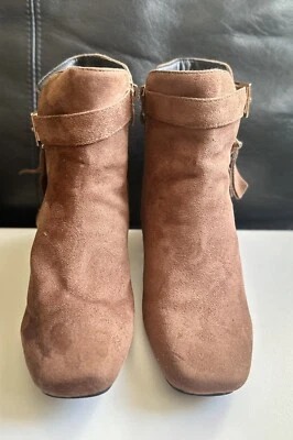 Botines de gamuza marrón para mujer talla 7 – tacón bloque cremallera hebilla elegante estilo otoño”. Foto 1 de 4