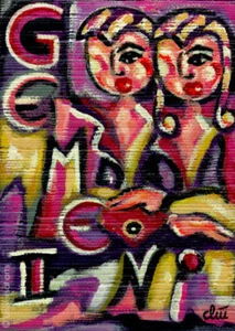 JACQUELINE DITT - Gemini Zwillinge Miniatur Gemälde 1991 Sternzeichen Kunst art - Bild 1 von 2
