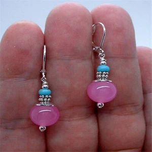 Dangling Pink Fuchsia Jade Blue Turquoise Silver Earrings Handmade Bohemian - Picture 1 of 1