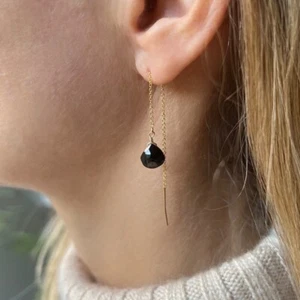 Black Onyx Faceted Pear Shape Gold Plated Chain Threader Dangle Drop Earrings - Picture 1 of 17