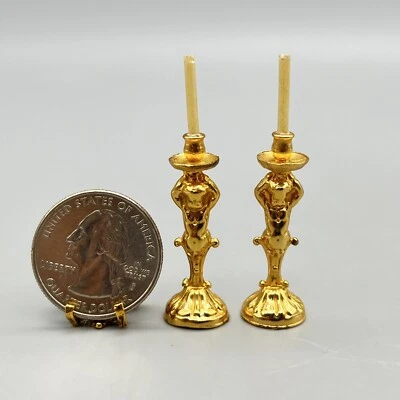 EUGENE KUPJACK Artisan PAIR 2 GOLD CUPID CANDLESTICKS #360 Miniature Dollhouse - Imagem 1 de 4