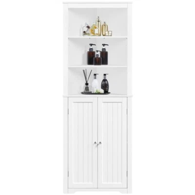 Badschrank Eckschrank Hochschrank Badezimmerschrank mit Ablagen & Türen, Weiß - Bild 1 von 4