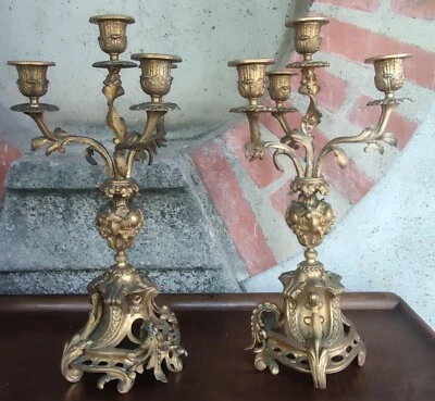 Ancienne Paire Chandeliers Candélabres Flambeaux Bronze Doré Louis XV/18 ème - Photo 1/4