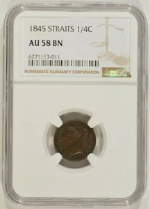 1845 Straits Settlements 1/4 Cent NGC AU58BN Brown East India Company - Picture 1 of 4