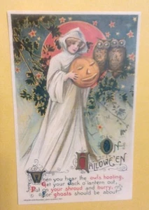 1911 Halloween Bonita Bruja, Búhos Gemelos, Jack o'Lantern John Winsch Postal Repo - Imagen 1 de 1