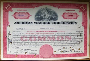 American Viscose Corporation stock certificate 100 shares - Picture 1 of 2