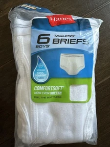 New Hanes Boys 6 Pack Pairs Tagless White Briefs - Sz Large L (14-16)  Free Ship - Picture 1 of 4